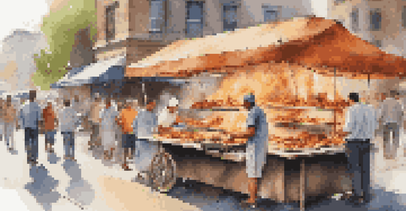 A close-up of a street food vendor grilling souvlaki on an open flame, with fresh vegetables and pita bread nearby, and blurred pedestrians in the background.