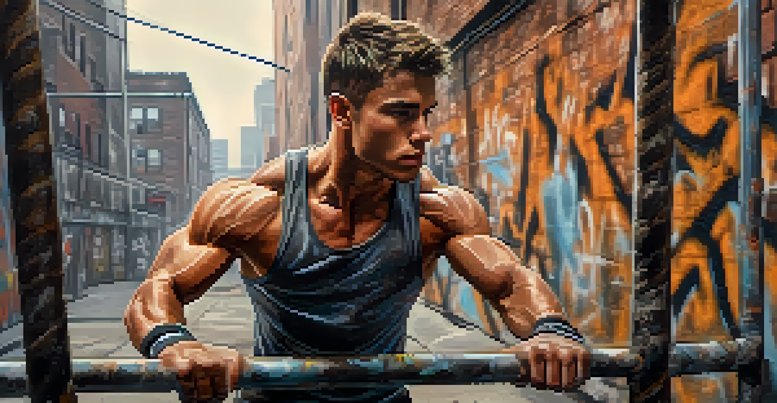 A close-up of a parkour practitioner doing a pull-up on a metal bar with urban graffiti in the background.