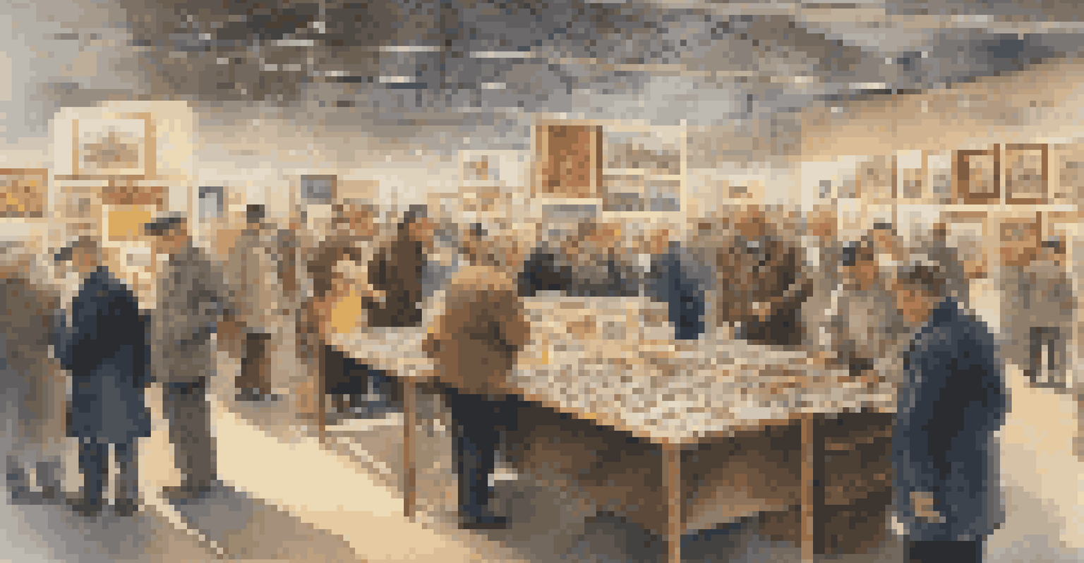A philatelic exhibition scene with collectors showcasing their postal stationery collections, set in a well-lit environment filled with tables of historical postal items.