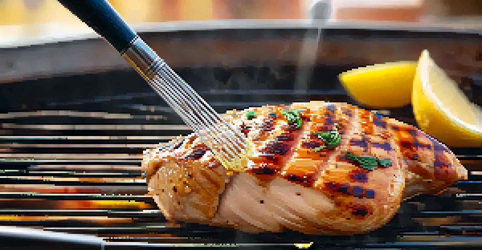 A close-up of a grilled chicken breast being brushed with marinade, showcasing char marks and a basting brush with a bowl of marinade in the background.