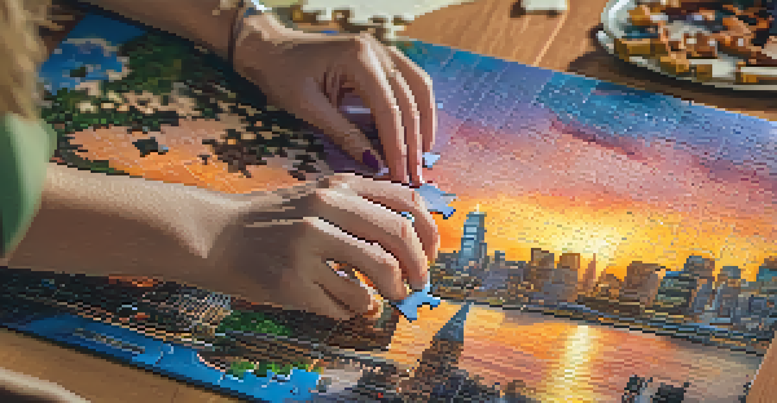 Close-up of hands placing the last piece into a colorful 2000-piece cityscape puzzle, with warm lighting and a soft fabric on the table.