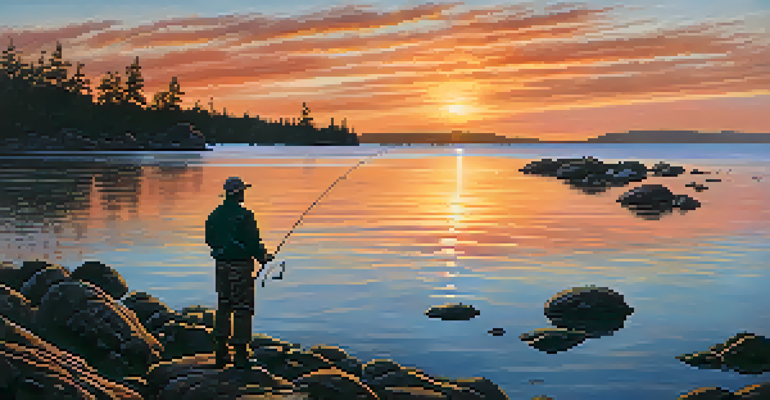 An angler casting a fishing line into the water at sunset, with vibrant colors in the sky and a rocky shore.