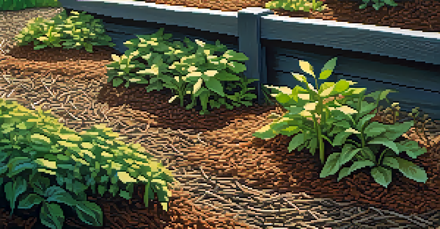 Close-up of a garden bed with organic mulch materials and healthy plants, featuring an earthworm in the mulch.