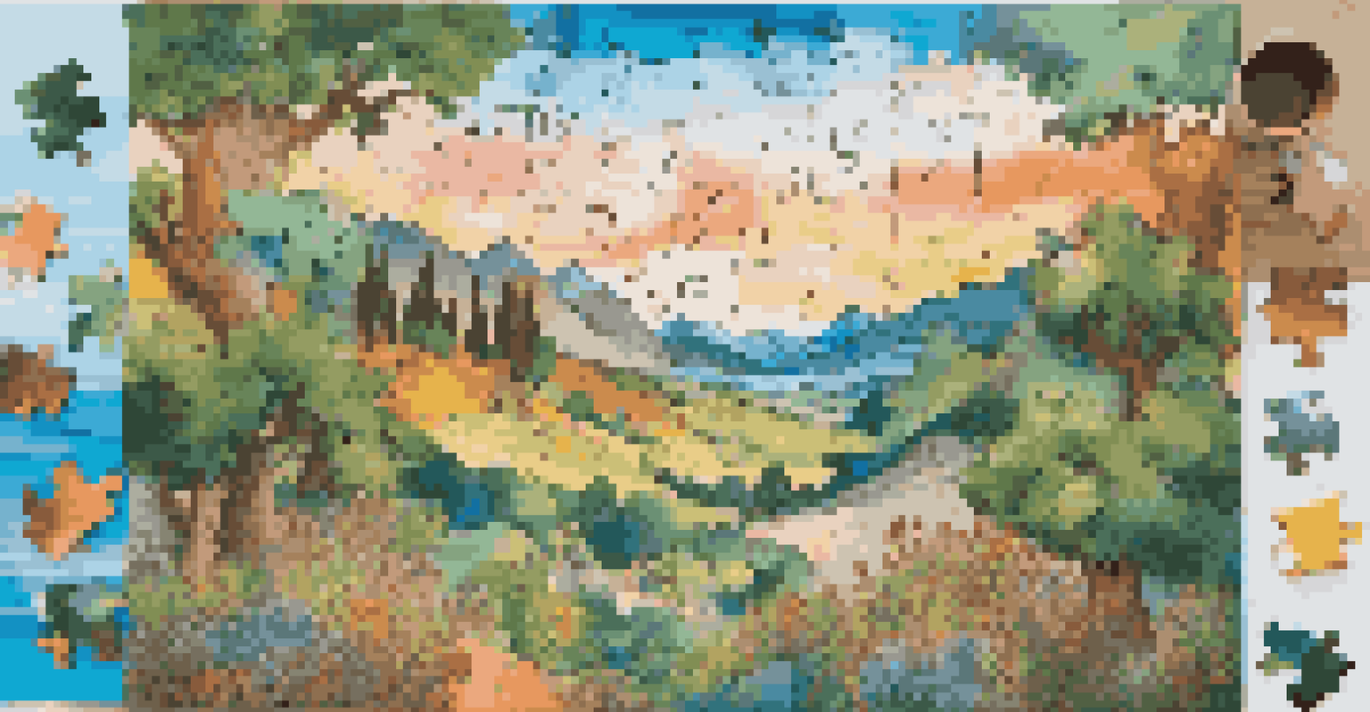 An overhead view of a colorful jigsaw puzzle depicting a landscape, with scattered pieces around it on a wooden table.