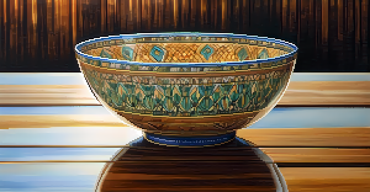 A close-up of a glazed ceramic bowl showcasing its intricate patterns and colors.