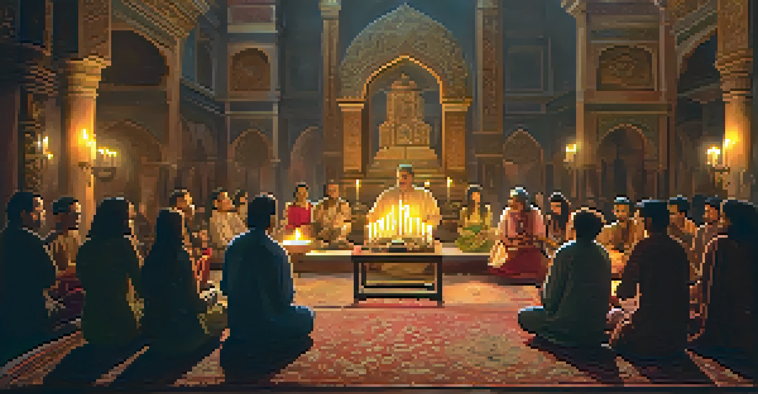 A group of people singing during a candlelit religious ceremony with a sitar player, creating a peaceful atmosphere.