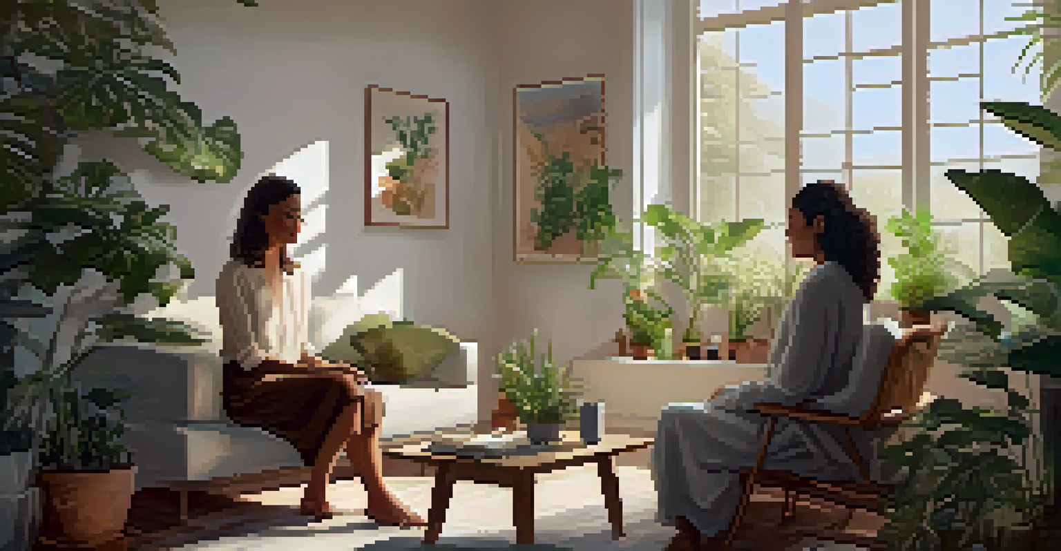 A therapy session with a client sharing their story while a therapist listens attentively in a cozy room with plants.