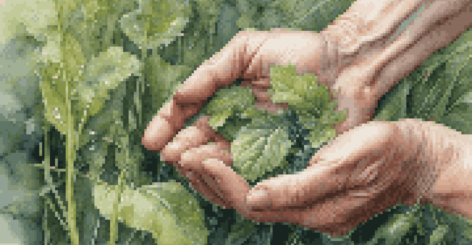 Close-up of hands harvesting wild edible plants in a green field, highlighting the leaves and flowers.