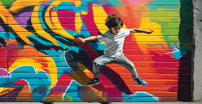A child leaping over a wall in an urban parkour setting with graffiti and sunlight.