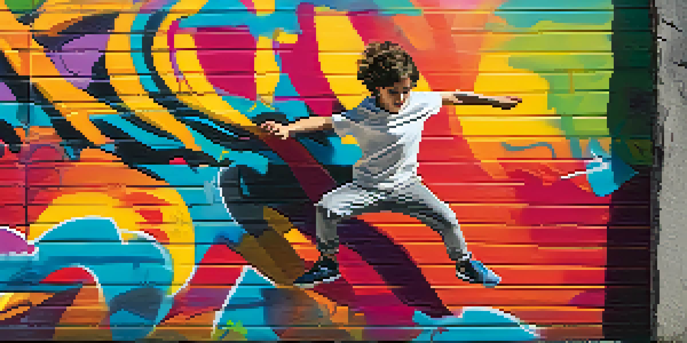 A child leaping over a wall in an urban parkour setting with graffiti and sunlight.