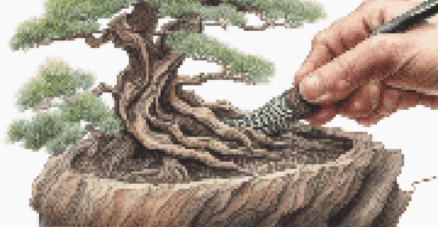 A close-up view of an artist wiring a bonsai tree, highlighting the tree's bark and leaves with a blurred background.