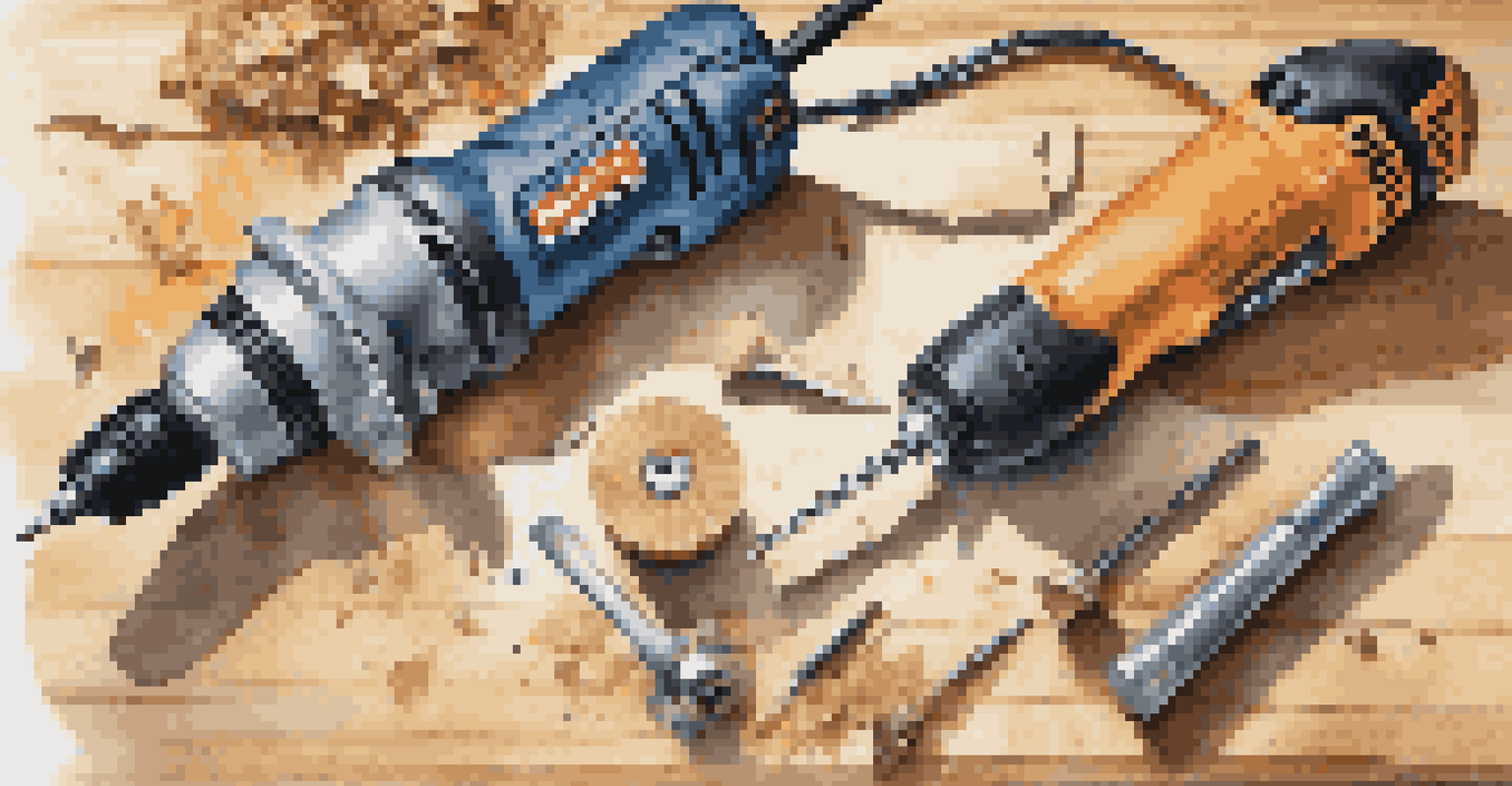 A close-up of a cordless drill and circular saw on a wooden table, surrounded by wood shavings and a measuring tape.