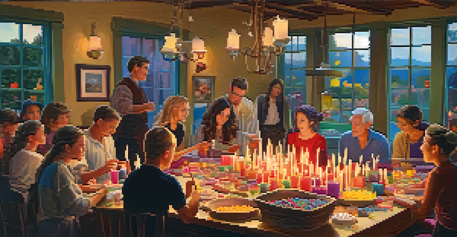 A host demonstrating candle making while guests watch attentively, surrounded by colorful supplies and decorations.