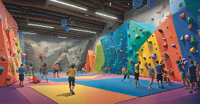 An indoor climbing gym with climbers on colorful bouldering walls, surrounded by crash pads and friends cheering.