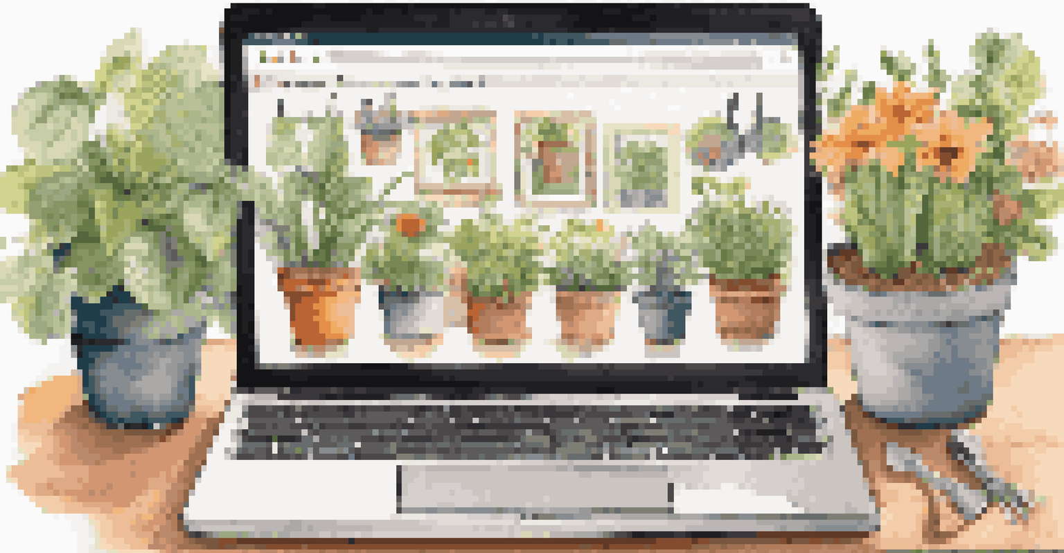 A laptop displaying a vibrant online gardening community forum, surrounded by gardening tools and potted plants, creating a friendly atmosphere.