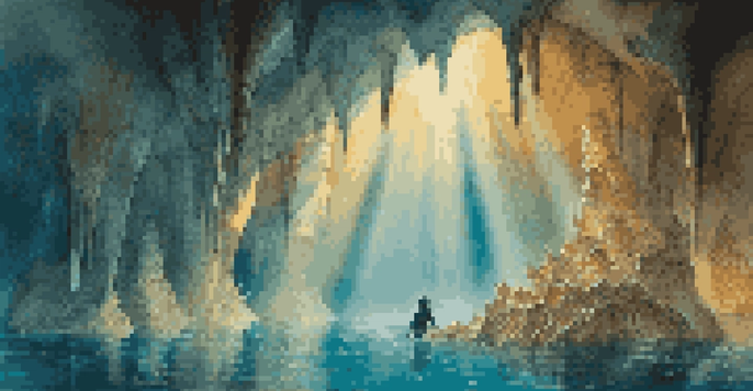 A cave diver explores an underwater cave with stalactites and stalagmites, illuminated by a dive light, surrounded by crystal-clear water and fish.