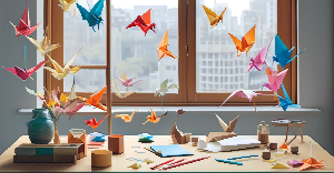A cozy workspace with colorful origami creations, including a crane and heart, on a wooden table, illuminated by soft natural light.