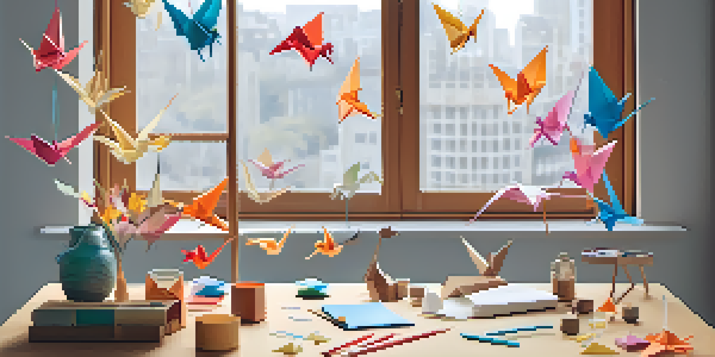 A cozy workspace with colorful origami creations, including a crane and heart, on a wooden table, illuminated by soft natural light.