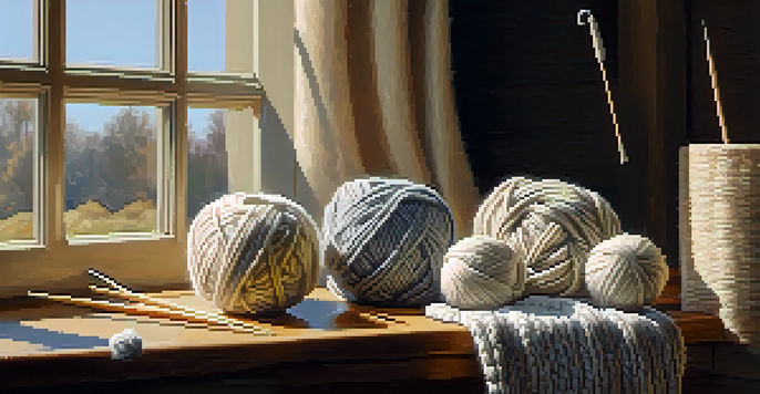A warm indoor setting with a table showcasing colorful yarn balls and knitting needles, illuminated by soft sunlight.