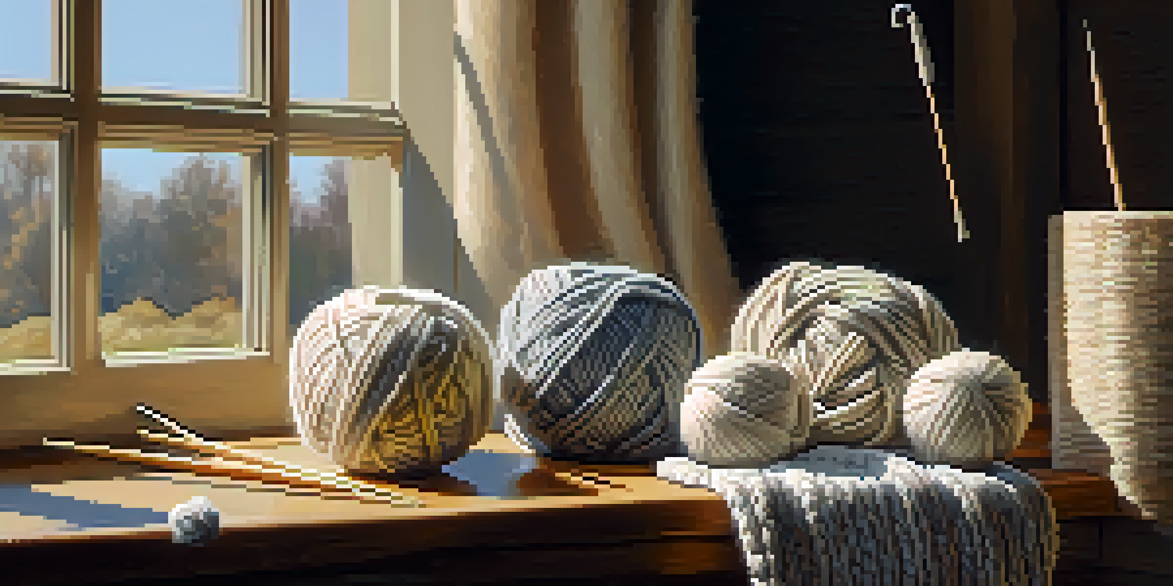 A warm indoor setting with a table showcasing colorful yarn balls and knitting needles, illuminated by soft sunlight.