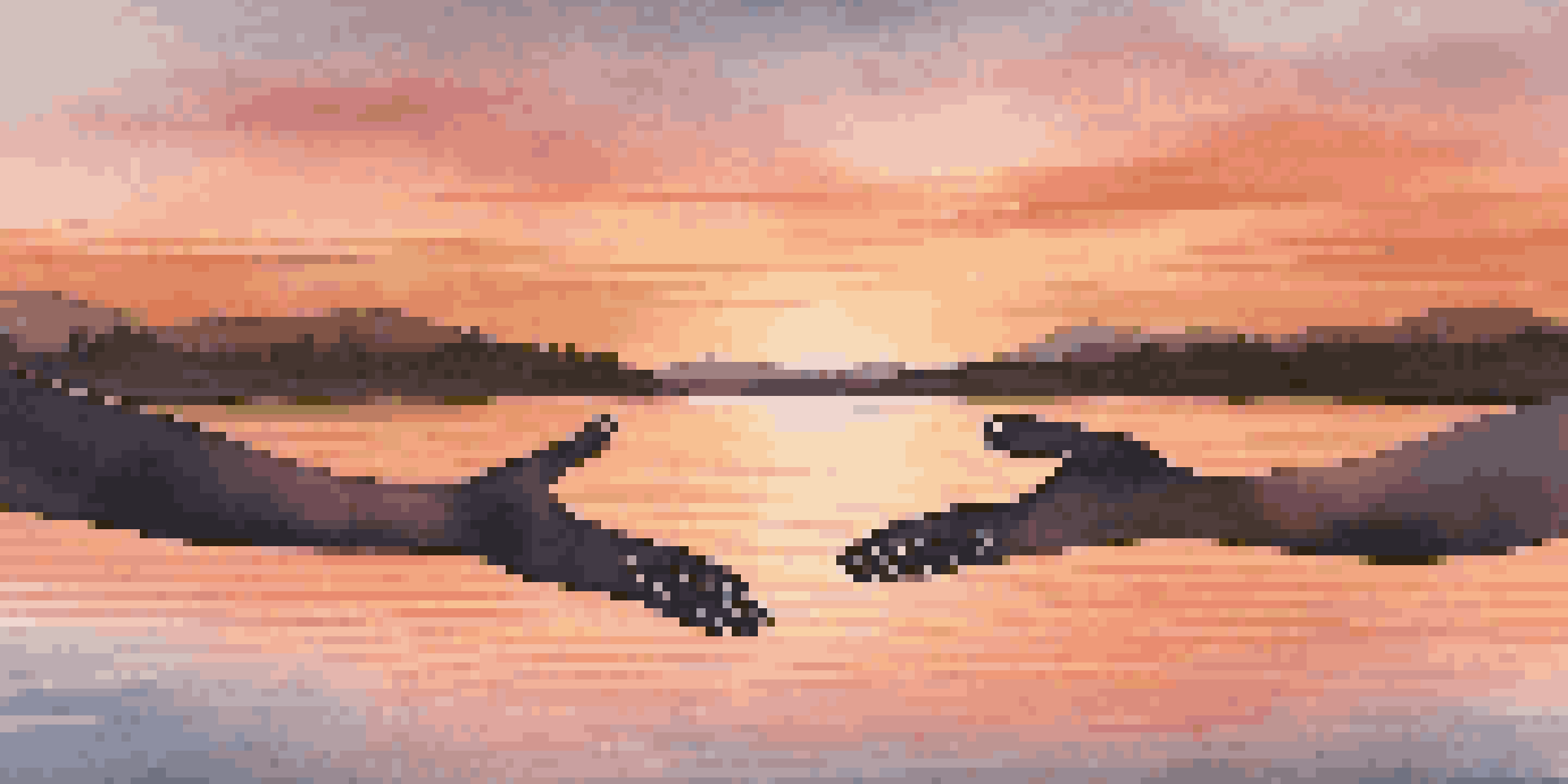 Close-up of hands in a meditative gesture in front of a tranquil lake during a colorful sunset.