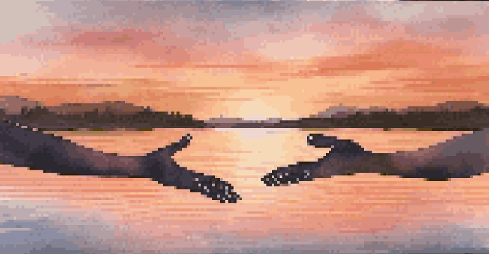 Close-up of hands in a meditative gesture in front of a tranquil lake during a colorful sunset.