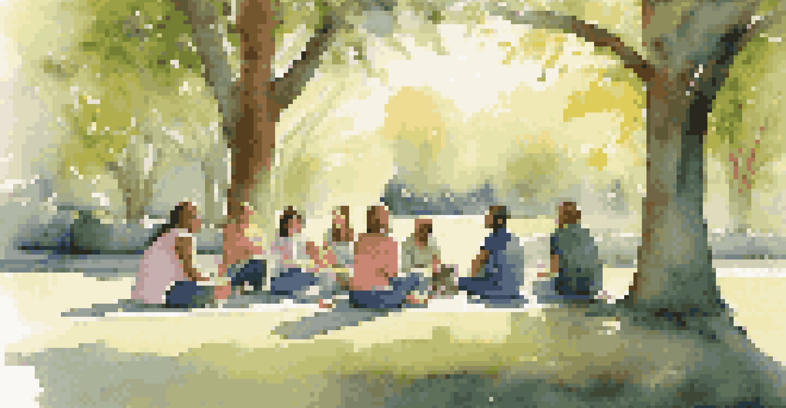 A group of people in a park discussing in a support group setting under the trees.