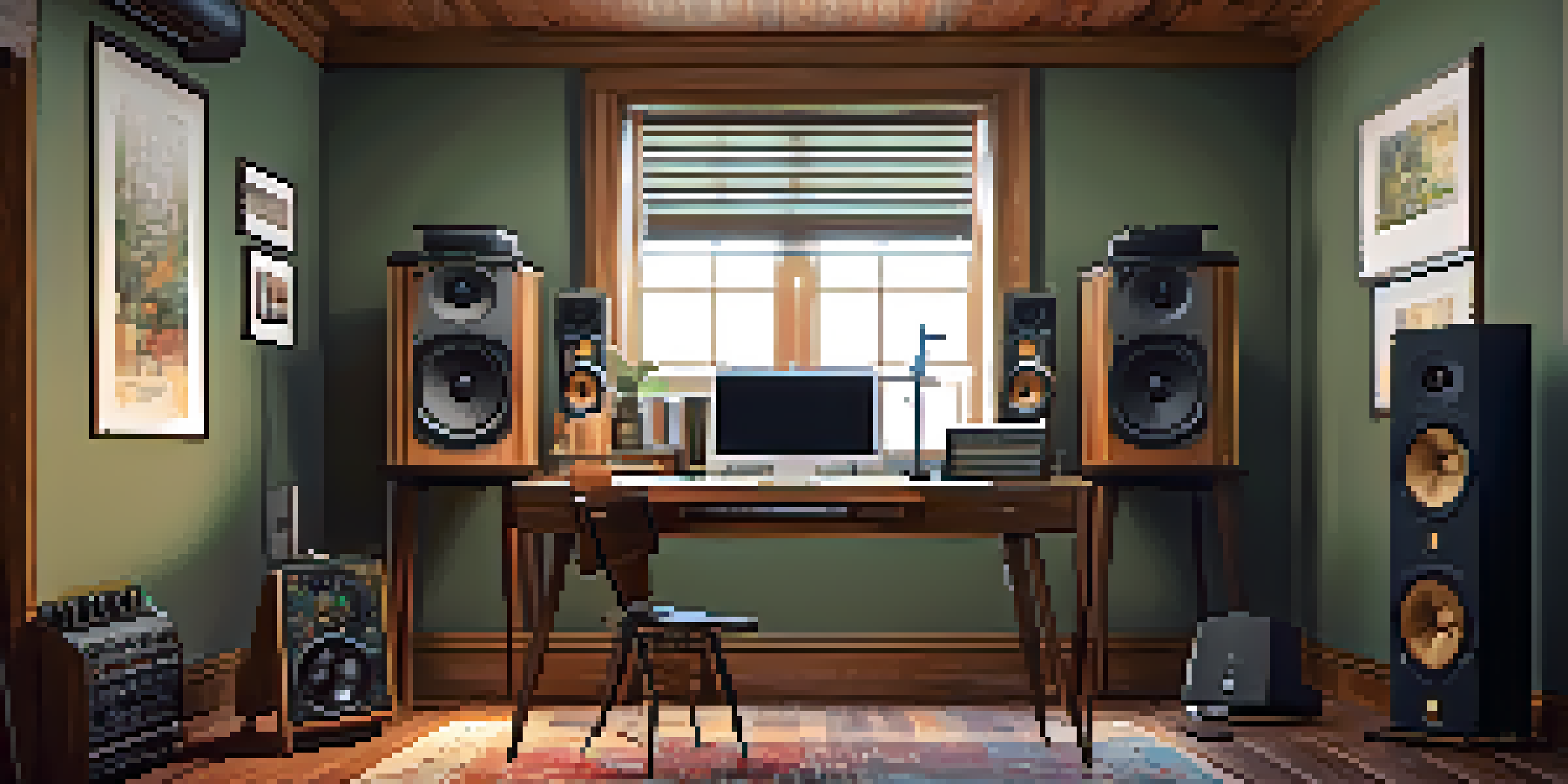 A warm and inviting home studio with a wooden desk, microphone, audio interface, and a laptop, surrounded by acoustic panels and a plush rug.
