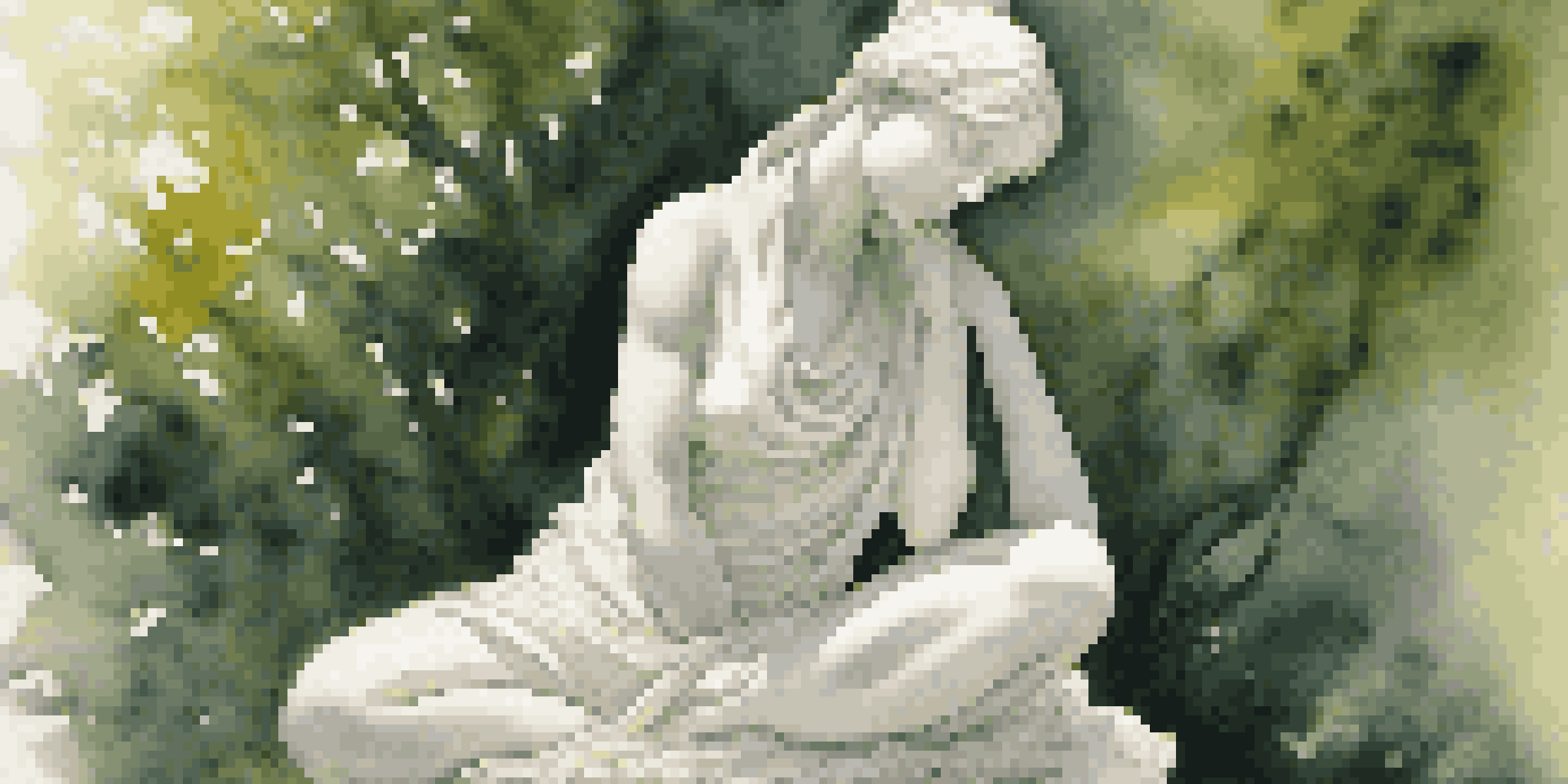 A marble figurative sculpture of a woman in a thoughtful position, surrounded by a blurred green garden.