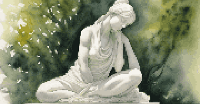 A marble figurative sculpture of a woman in a thoughtful position, surrounded by a blurred green garden.