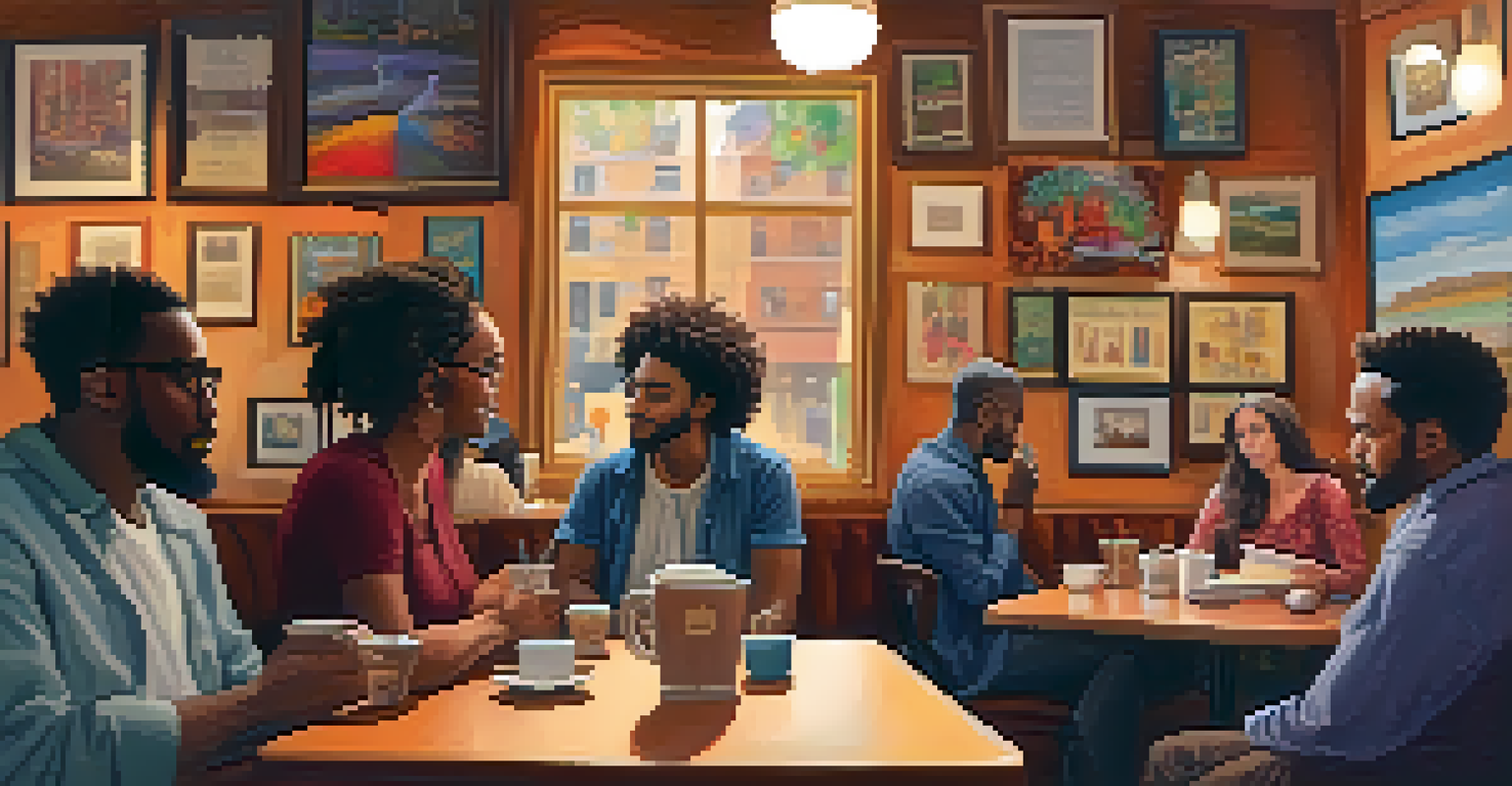A lively poetry reading in a coffee shop, with people listening to a poet in front of colorful artwork.