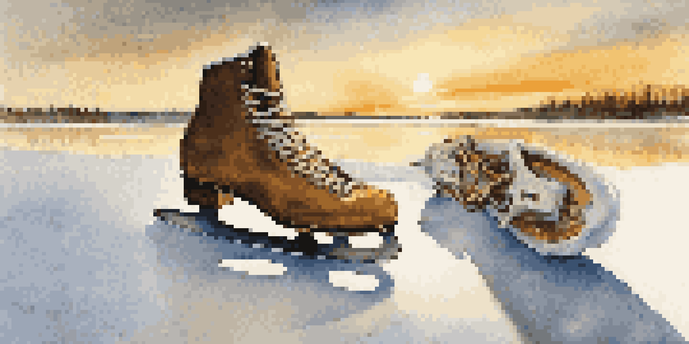 A pair of ice skates on a frozen lake during sunset, with sunlight reflecting off the ice.