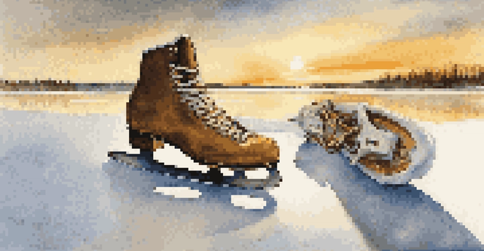 A pair of ice skates on a frozen lake during sunset, with sunlight reflecting off the ice.