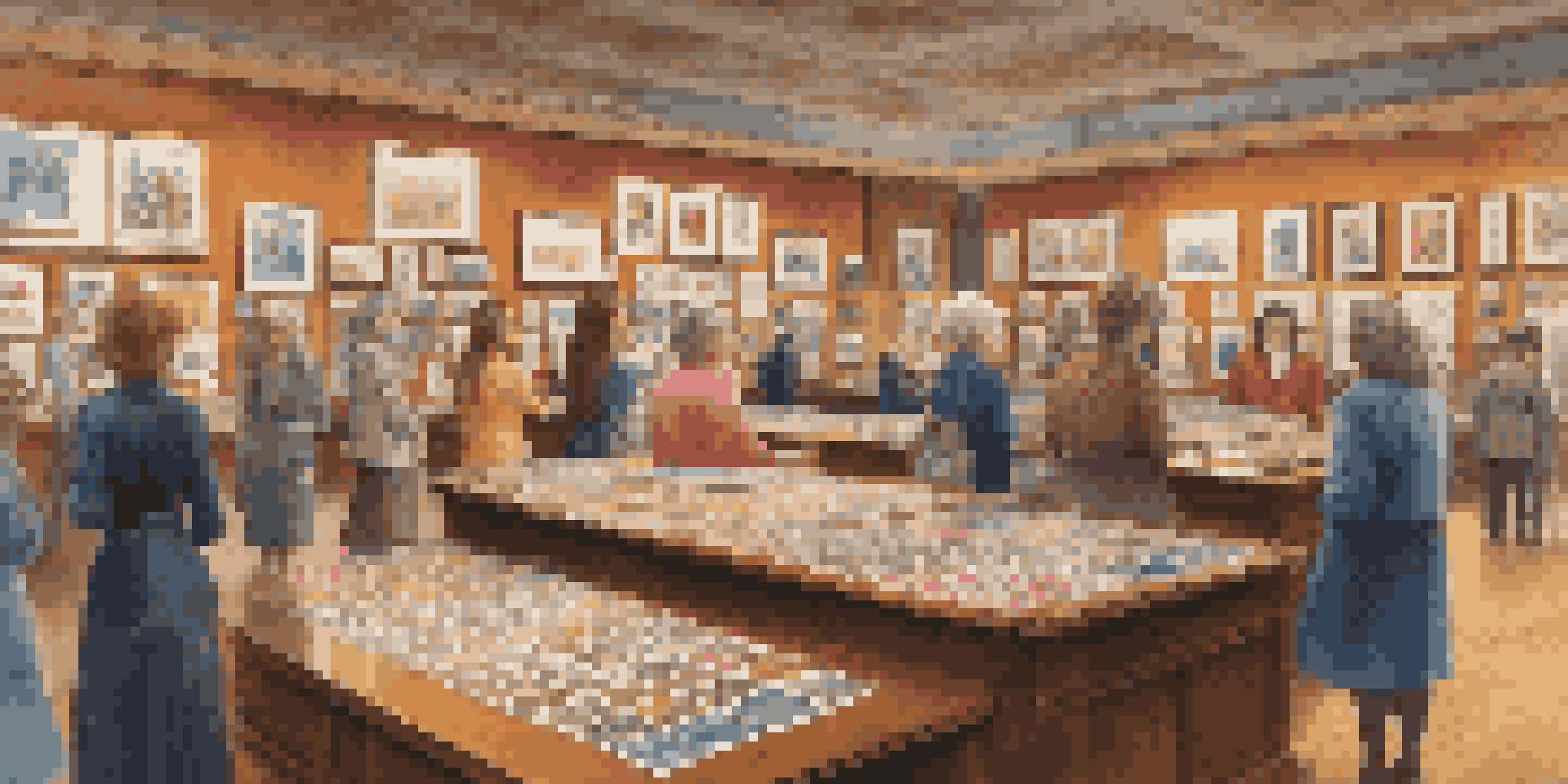An exhibition hall showcasing colorful stamp collections with women of diverse backgrounds engaging in discussions about philately.