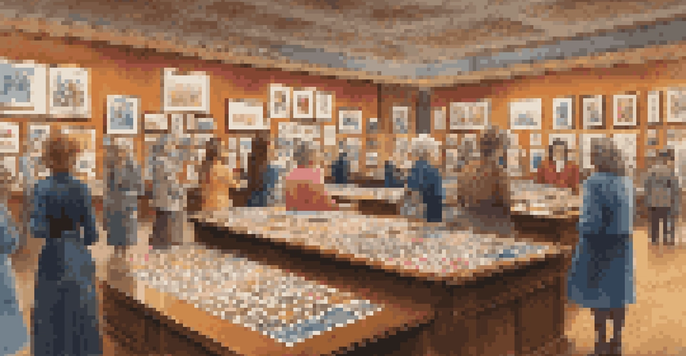 An exhibition hall showcasing colorful stamp collections with women of diverse backgrounds engaging in discussions about philately.