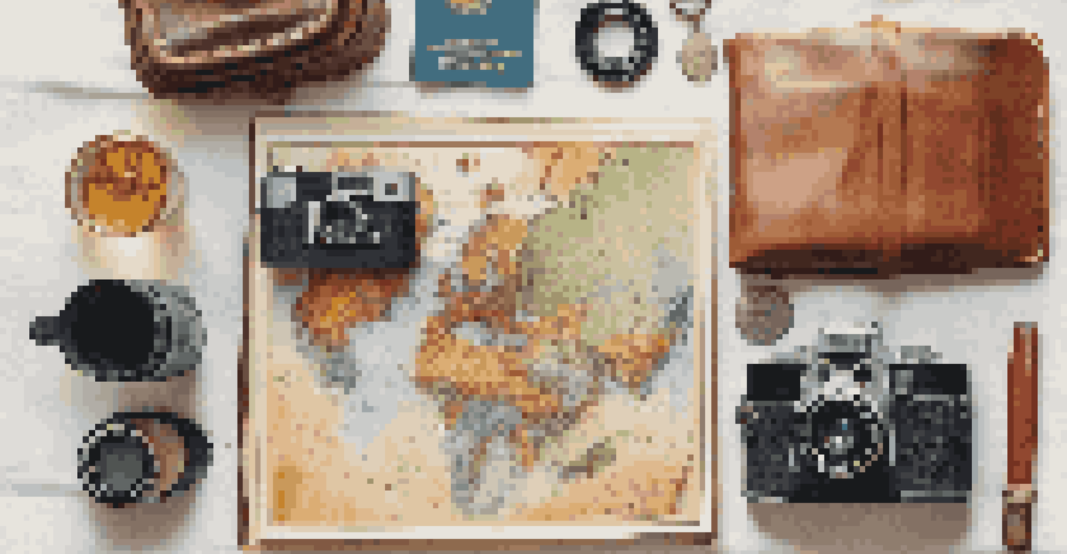 A flat lay of travel items including a camera, map, and passport.