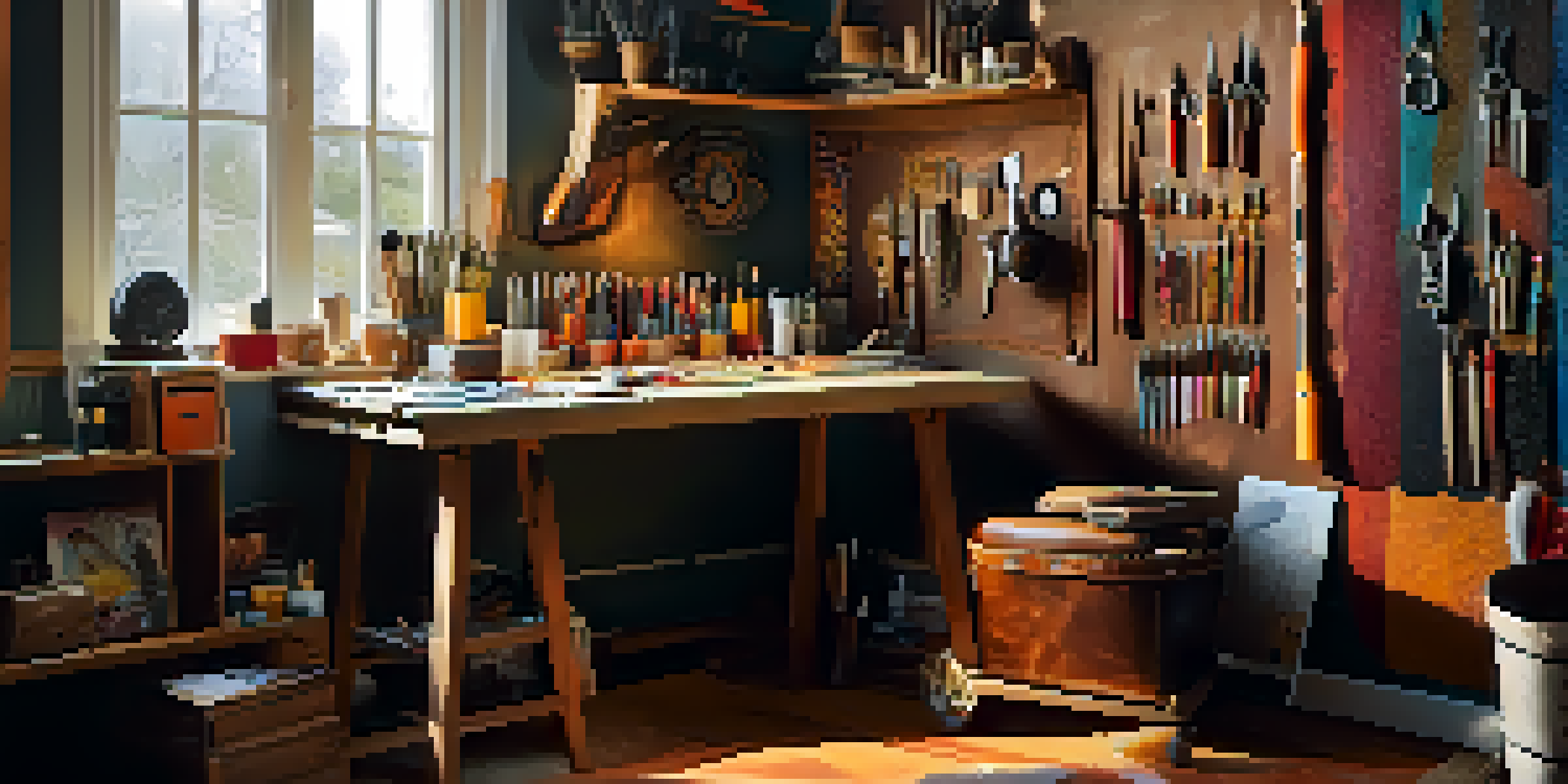 A crafting workspace with leather items and tools, illuminated by natural light.