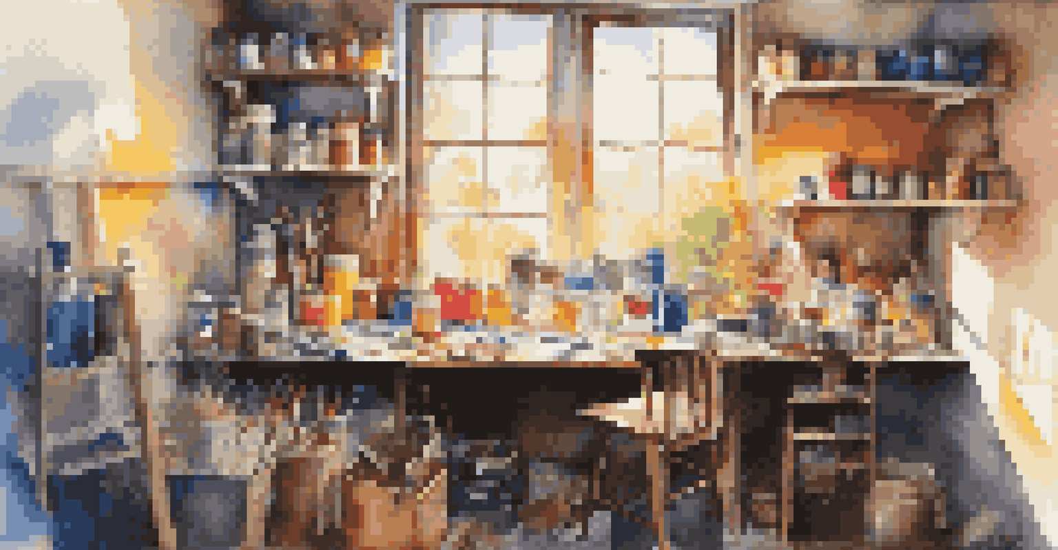 An artist's studio cluttered with paints and brushes, with a canvas in progress and sunlight streaming in.