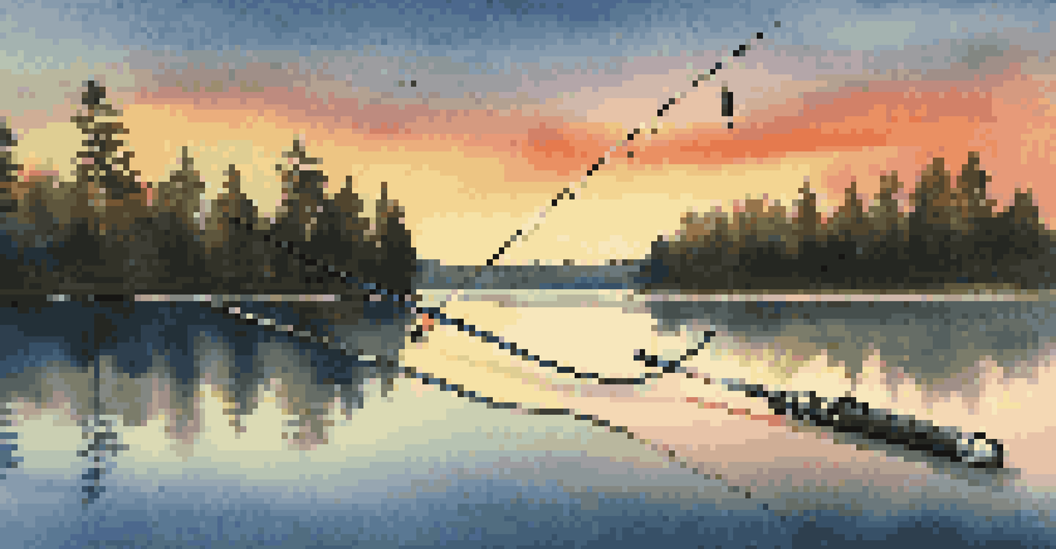 A close-up of a smart fishing rod with sensors at a tranquil lake during sunset, with warm hues reflecting off the water.