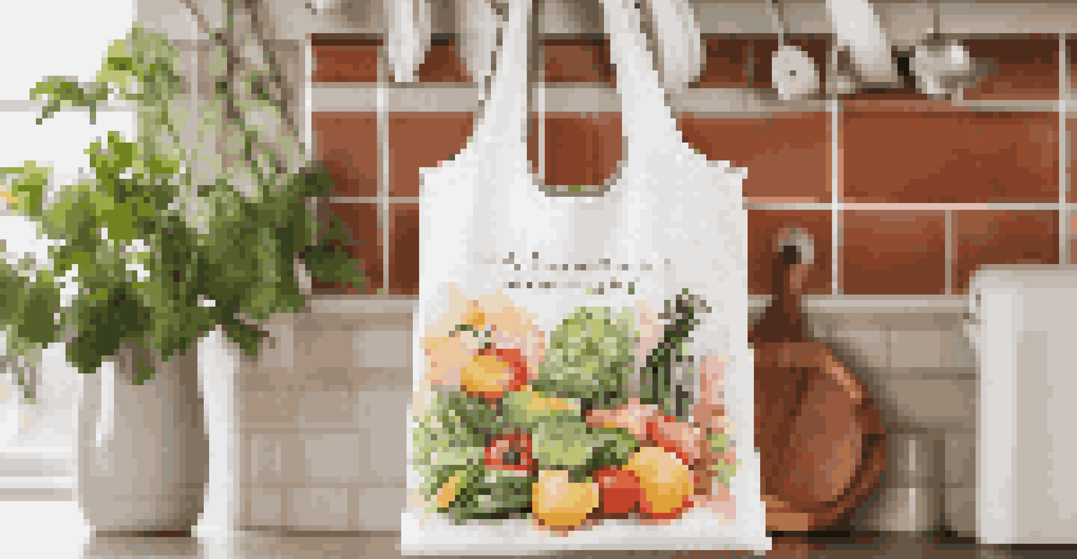 A personalized reusable shopping bag with colorful designs hanging in a bright kitchen with fresh produce.