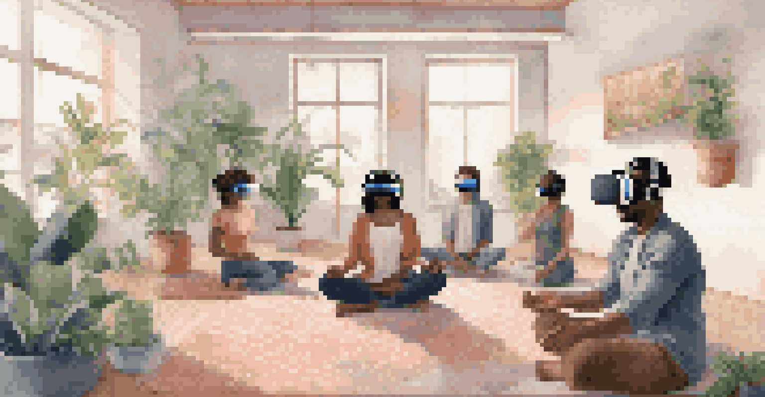A group of people in VR headsets meditating in a cozy room with calming decor.