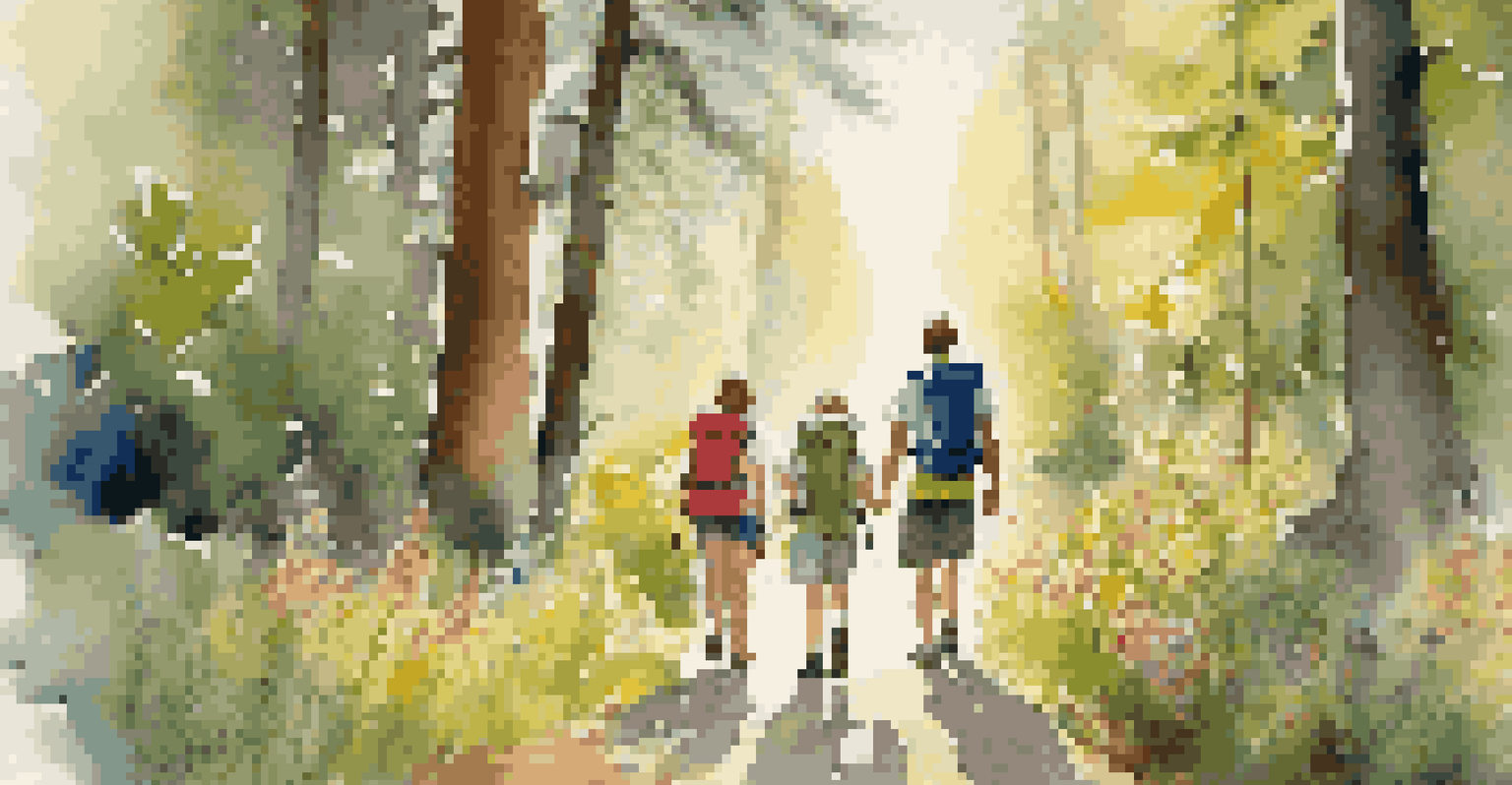 A happy family hiking on a trail with hydration packs and water bottles in a sunny forest.
