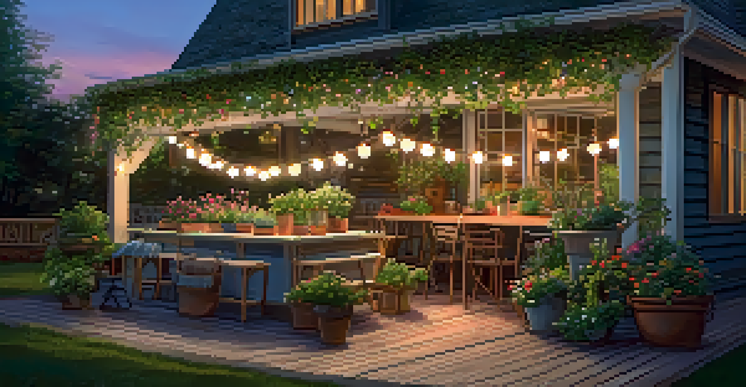 A cozy patio with various container plants, including trailing vines and upright flowers, illuminated by fairy lights at twilight.