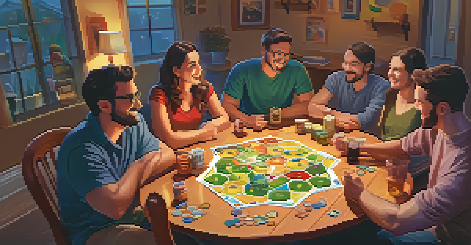 A group of friends playing Catan at a table filled with colorful game pieces and snacks, under bright overhead lighting.