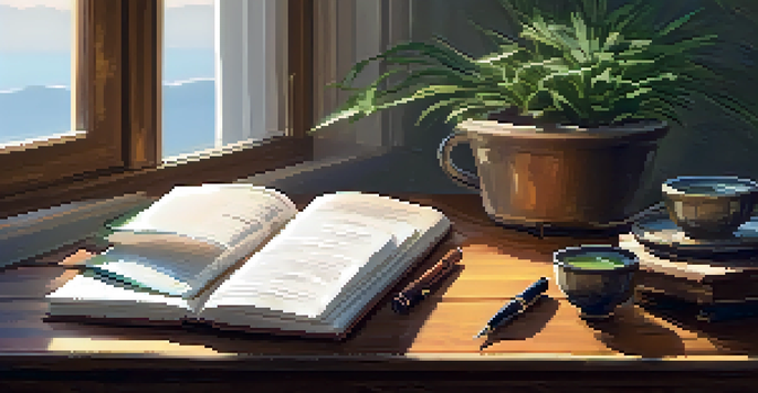 A peaceful journaling setup on a wooden table with an open journal, a fountain pen, a cup of herbal tea, and a small potted plant, illuminated by soft natural light.