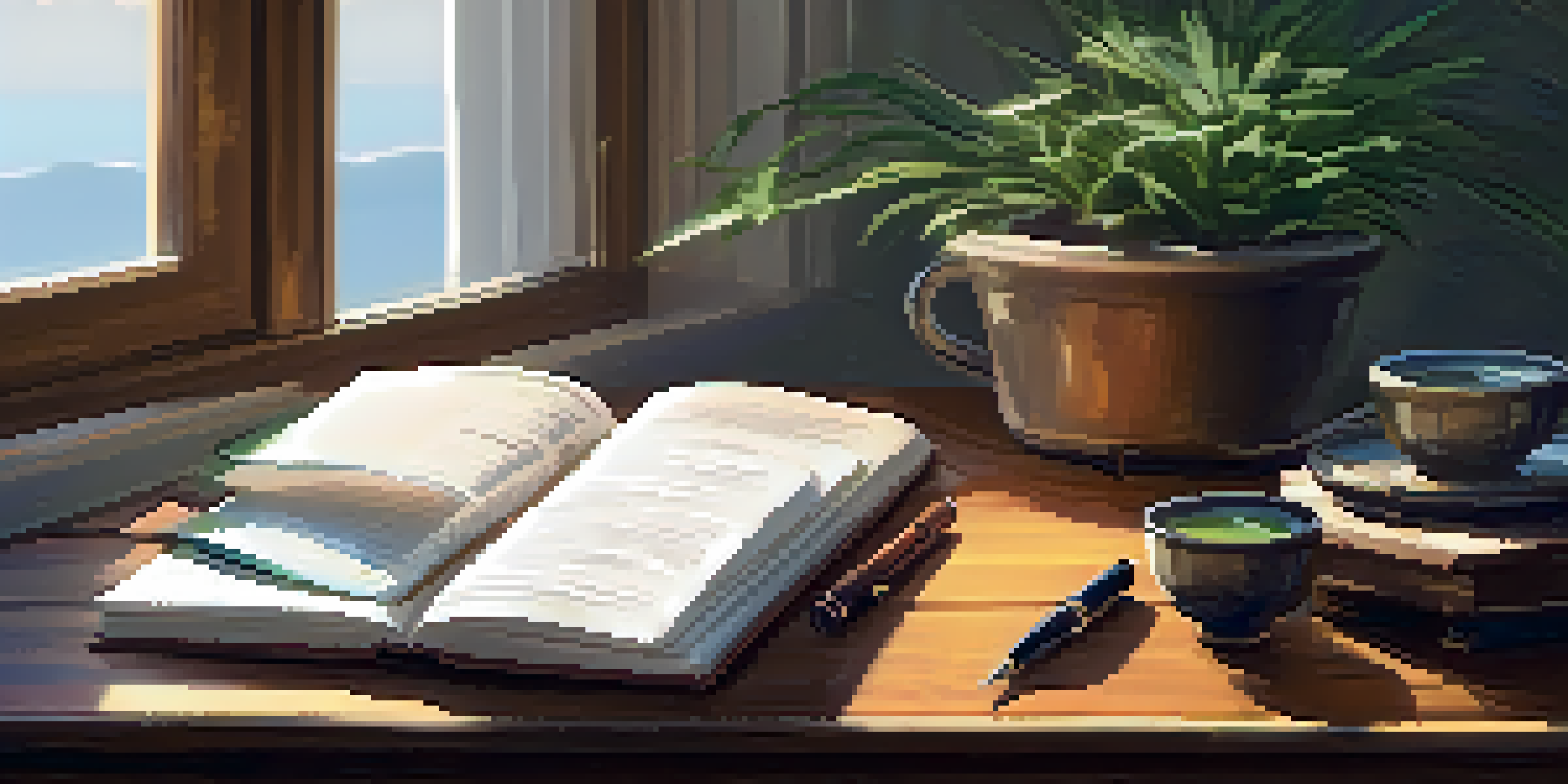 A peaceful journaling setup on a wooden table with an open journal, a fountain pen, a cup of herbal tea, and a small potted plant, illuminated by soft natural light.
