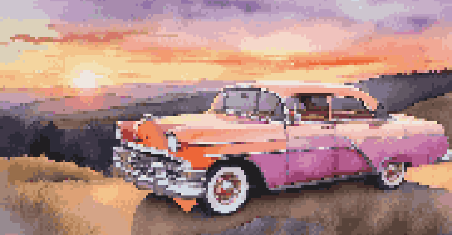 A restored vintage car parked at a scenic overlook during sunset.