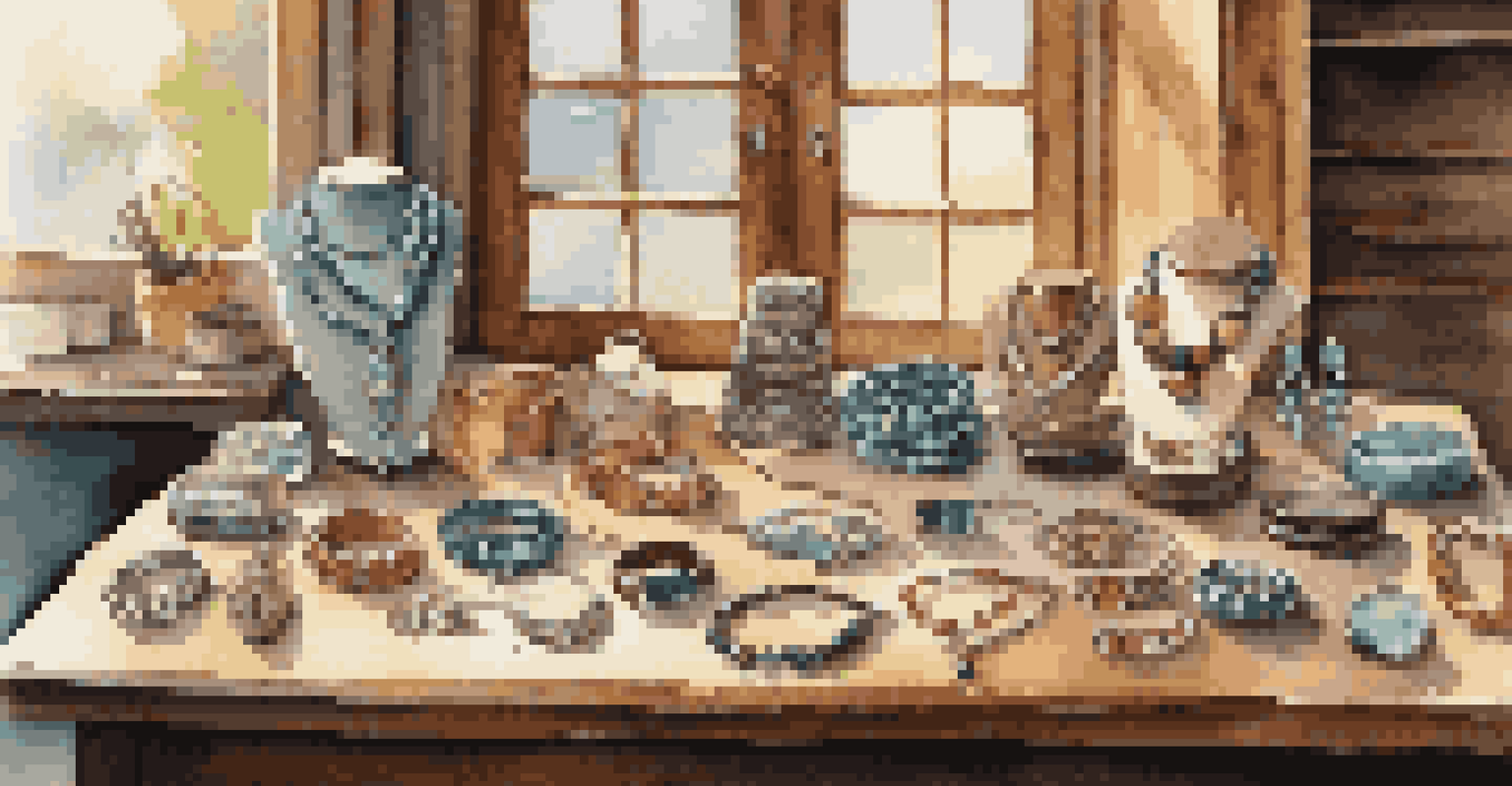A display of various handmade jewelry pieces on a wooden table, illuminated by natural light, showcasing different styles and colors.