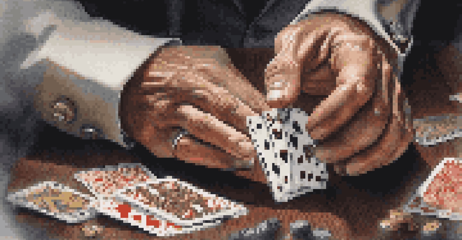 Close-up of a magician's hands manipulating playing cards, showcasing the texture and detail of the cards.