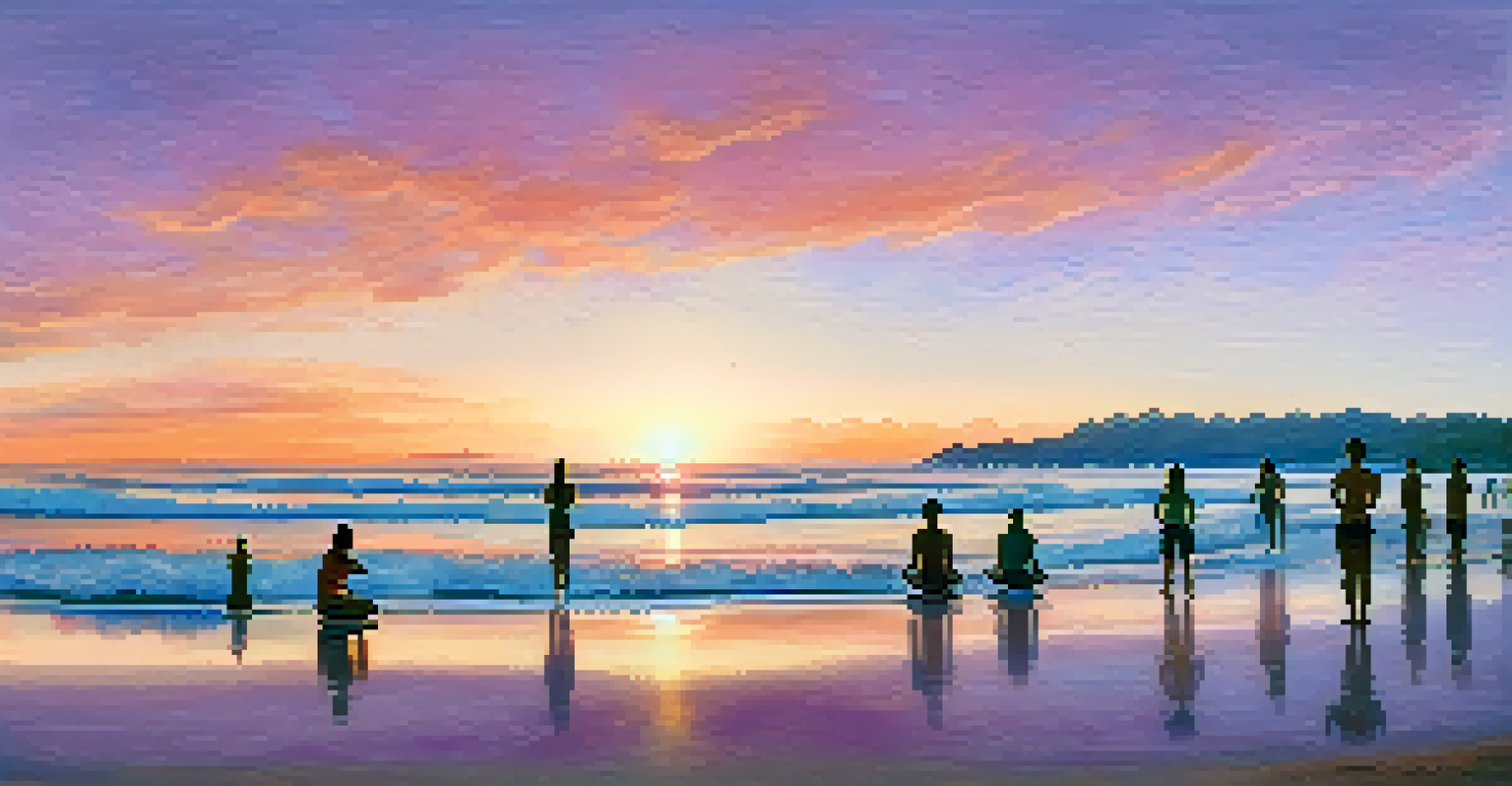 A sunset beach scene with individuals practicing yoga and breathwork on the sand, surrounded by vibrant colors in the sky and calm waves.